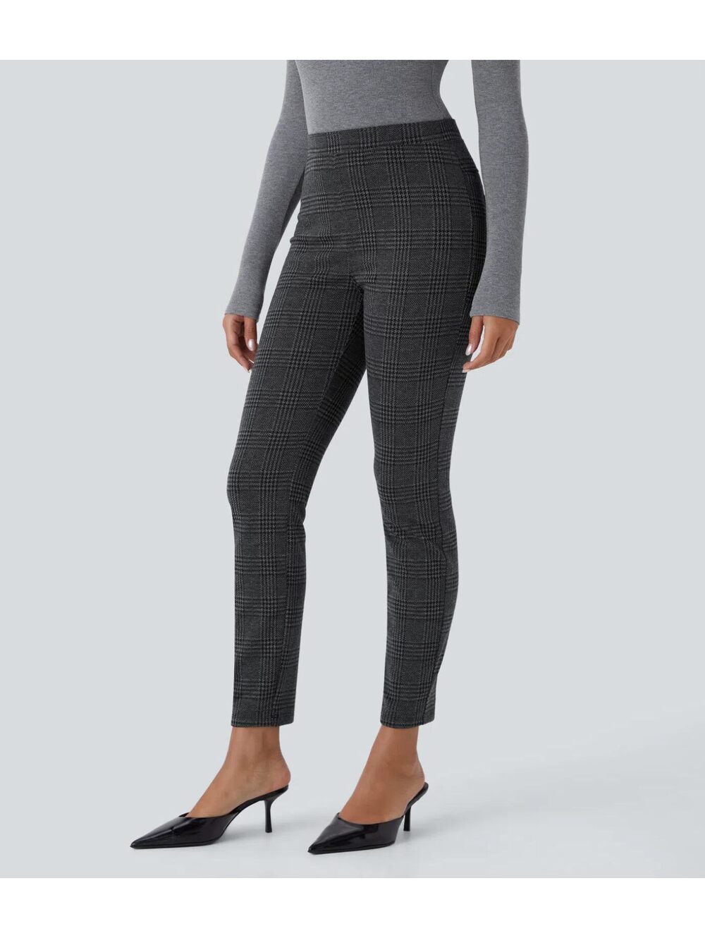 Halara Flex High Waisted Houndstooth Plaid Skinny Pants Charcoal Black Size L - Picture 6 of 8